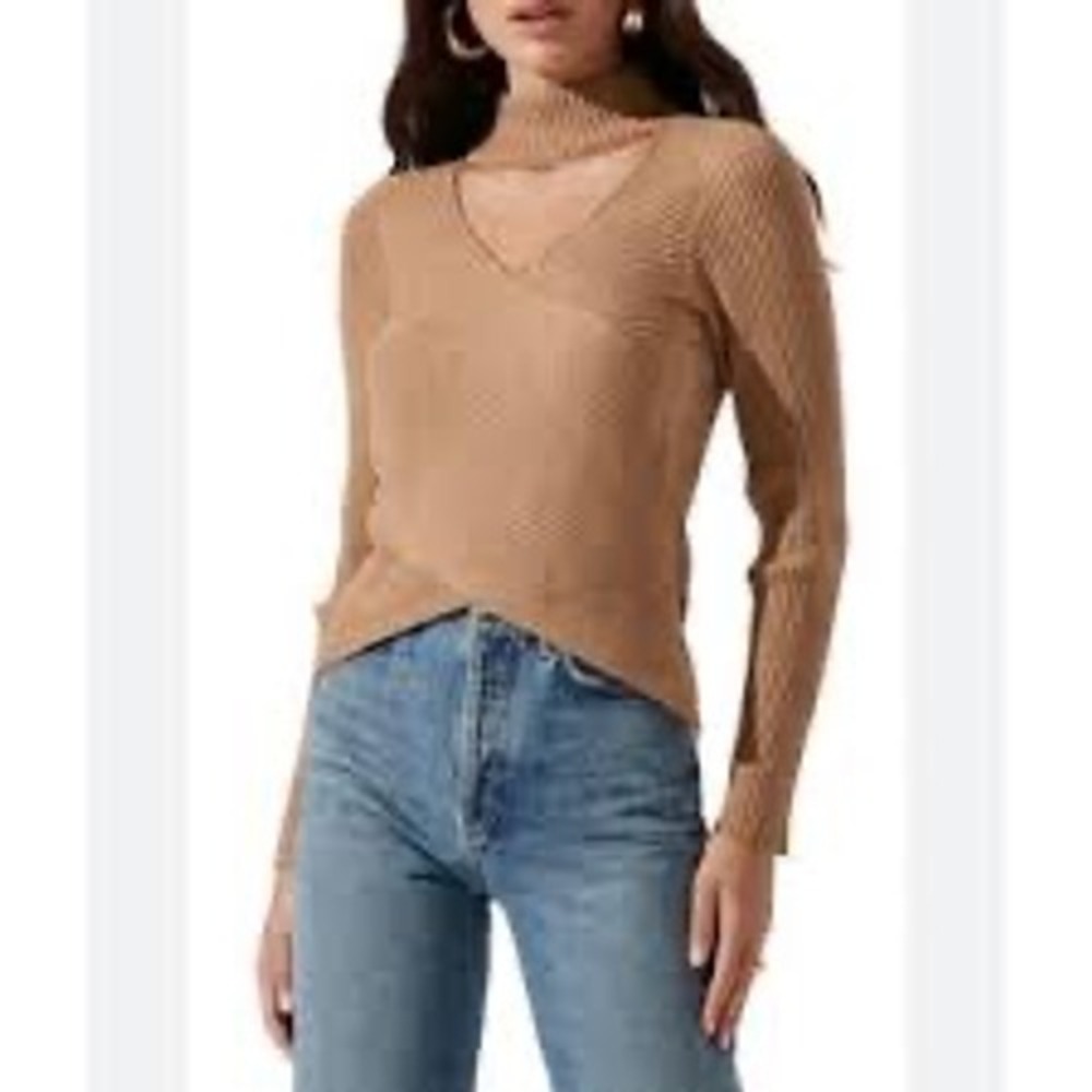 ASTR the Label Anthropologie Mock Neck Cutout Tan Ribbed Knit Top‎ Sweater Small